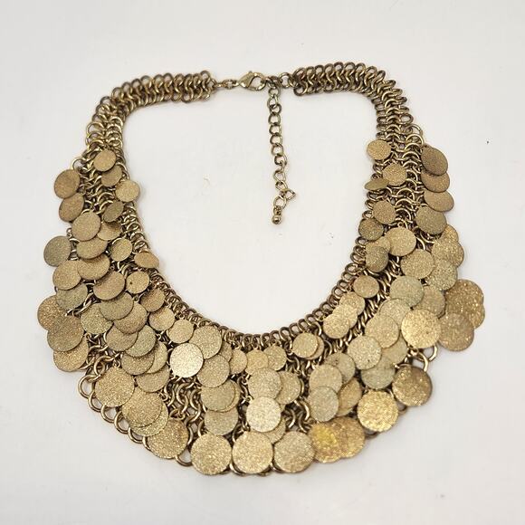Glitter Disc Charm Statement Collar Necklace Gold Tone Dramatic Layered Chunky - Picture 3 of 6